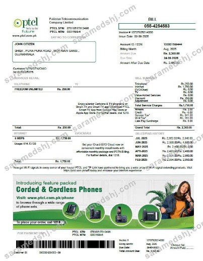 Pakistan PTCL utility bill template in Word and PDF formats